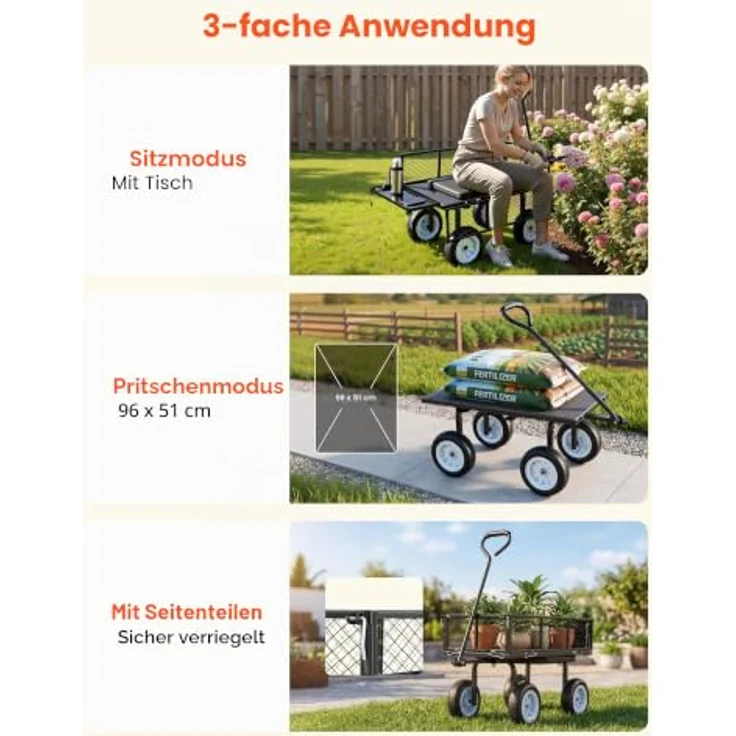 VEVOR Bollerwagen 226,8 kg Tragkraft, Gartenwagen mit Sitz, PU-Rädern und verstellbarem Griff, Transportwagen mit Werkzeugablage, Schwarz – Bild 5