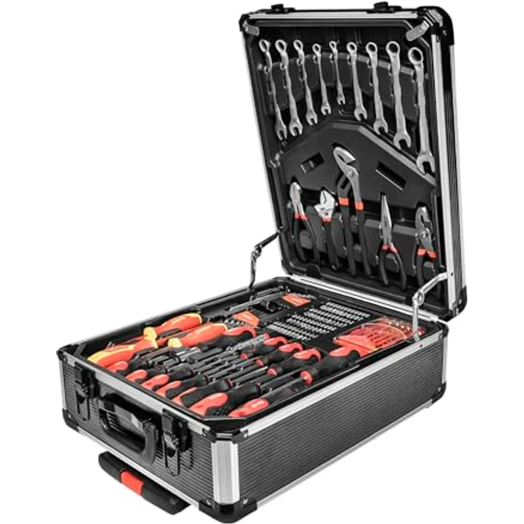 Mannesmann Werkzeugtrolley 969-tlg, fahrbarer Werkzeugkoffer mit Steckschlüssen, Zangen, Schraubendrehern, Heißklebepistole, Hammer, Wasserwaage und Bits | M29098 – Bild 1