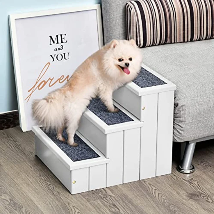 PawHut Haustiertreppe Hundetreppe Einstiegshilfe mit Teppich Stauraum Tannenholz Weiß 40,5 x 44,5 x 38 cm – Bild 2