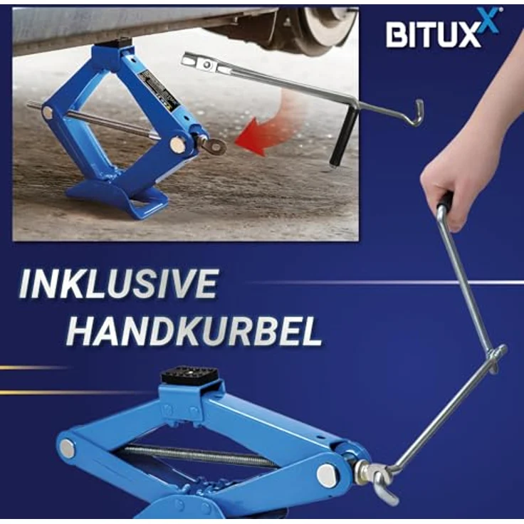 Bituxx Scherenwagenheber MS-18863, 2000 kg Tragkraft, Gummiauflage, einklappbare Handkurbel, Blau – Bild 6