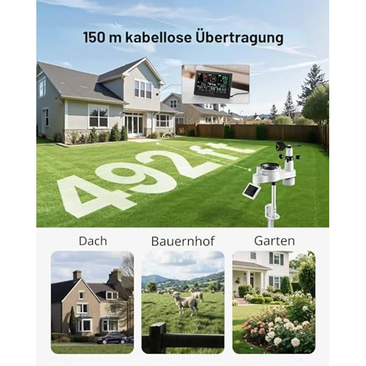 VEVOR 7-in-1-Wetterstation mit 7,5-Zoll-Display, solarbetriebener Außensensor für Temperatur, Luftfeuchtigkeit, Windgeschwindigkeit & -richtung, Regenmesser, ohne WLAN – Bild 5