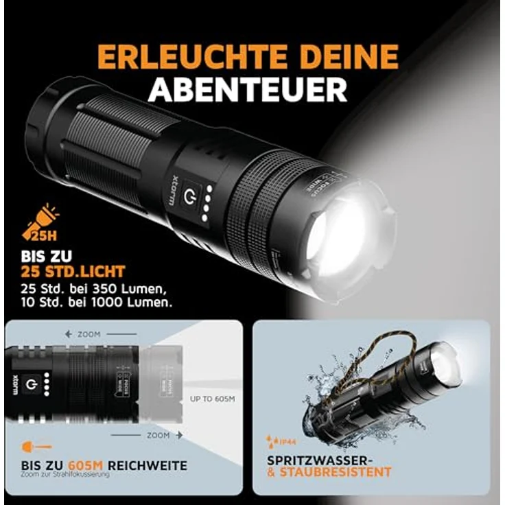 XTORM XRF101 Taschenlampe 1000 lm, Aluminium-Gehäuse, 25 h Akkulaufzeit, Zoomfunktion – Bild 4