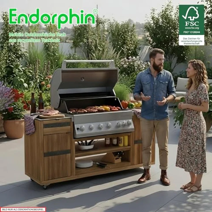 Endorphin Outdoorküche 2026, Mobile Grillstation mit integrierter Gasgrill-Technik, Teak-Wagen und silbernem Grill – Bild 5