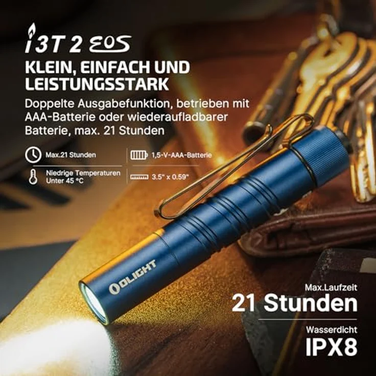 OLIGHT I3T 2 Mini Taschenlampe, 200 Lumen, kompakt, 2 Lichtmodi, IPX8 wasserdicht, Midnight Blau – Bild 2
