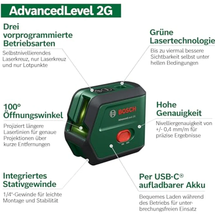 Bosch Kreuzlinienlaser AdvancedLevel 2G, Präzise Selbstnivellierung, Reichweite 15 m, mit Zubehör und Stativ, grün – Bild 4