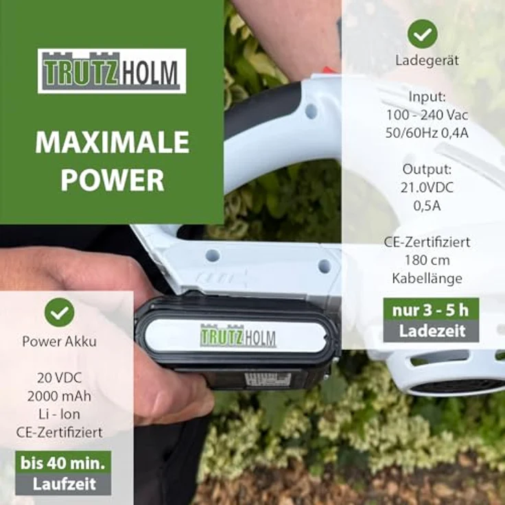 TRUTZHOLM Akku Laubbläser 20V, leichter Laubbläser mit 2000mAh, 2 Akkus und Ladegerät, 40 min Laufzeit, ergonomischer Griff – Bild 4