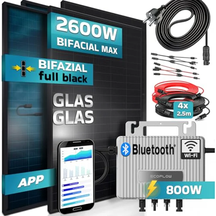 VENDOMNIA SUNNIVA® 2600W Balkonkraftwerk, 800W Wechselrichter, 4x 500W BIFAZIAL, FULL Black, Glas-Glas, 5m Kabel – Bild 2