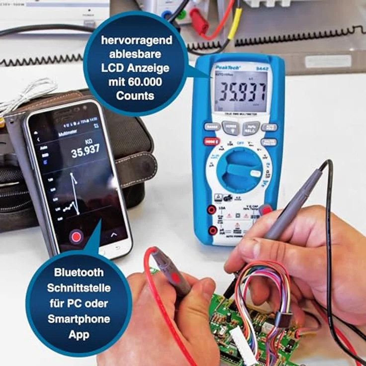 PeakTech P 3442 True RMS Digital Multimeter für Elektriker mit 60000 Counts und 4.0 Bluetooth, Profi-Handmultimeter, Auto-Hold, -GS, Spannungsmesser, Durchgangsprüfer, Messgerät - CAT III 1000V – Bild 4