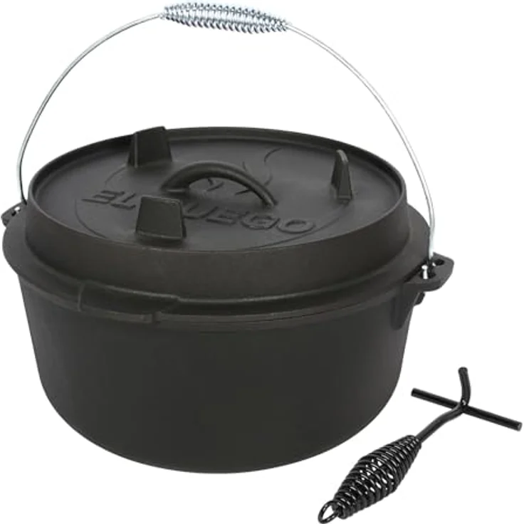 Dutch Oven 9,0 Liter von El Fuego®, 100% Gusseisen, inkl. Schürhaken und Tragebügel, Camping & Outdoor – Bild 1
