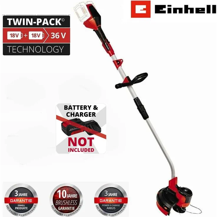 Einhell Akku-Rasentrimmer GE-CT 36/30 Li E-mit 2 x 18 V Akku 4-0 Ah + Ladegerät, Power X-Change, 30 cm Schnittbreite, Flowerguard, Tragegurt, Wandhalterung
