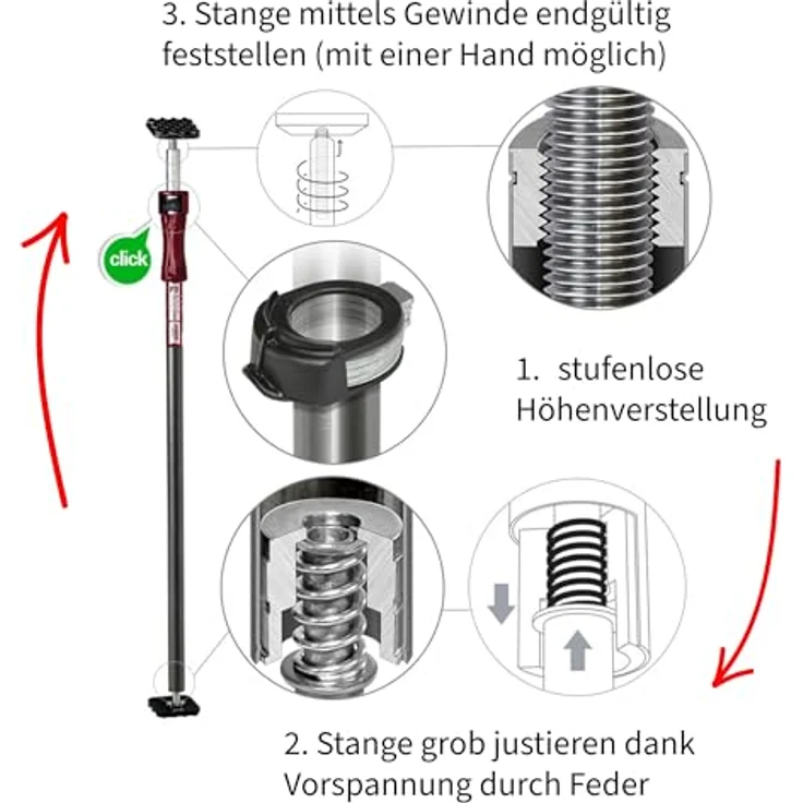 Piher 2er Set Lastenstange P1, 3. Hand Deckenstütze mit verstellbarer Länge von 60-100 cm, hohe Tragkraft, stabile Gummiauflagenschutz – Bild 5