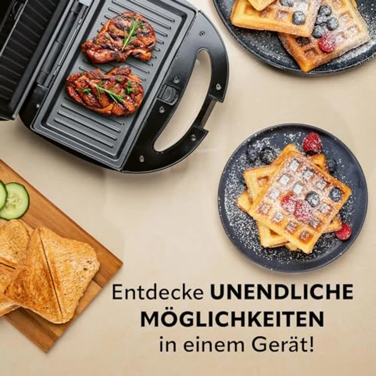 Westfalia Tischgrill Vario 3-in-1, Elektrogrill mit 800 W, Schwarz, 3 austauschbare Platten für Waffeln, Sandwiches und Grillgut – Bild 8