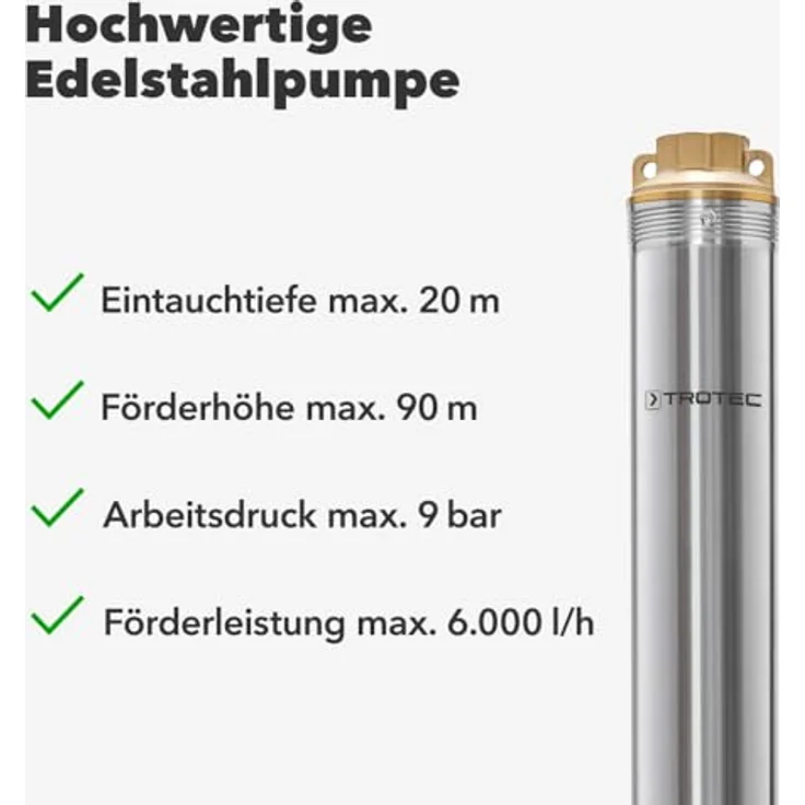 TROTEC Tiefbrunnenpumpe TDP 7501 E, Wasserpumpe 6000 l/h, 1100 W, Förderhöhe 90 m, Edelstahl, IP68 – Bild 2