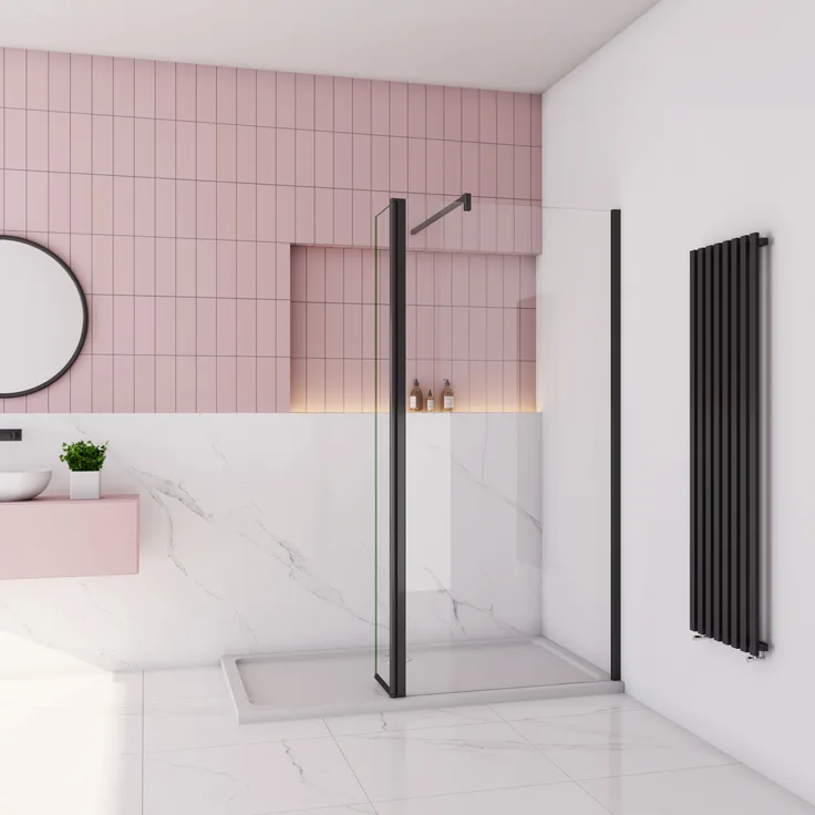 AICA Walk in Schwarz Duschkabine 130x200cm, Duschwand mit 40x200cm Flipper Panel und 90cm Stabilisator aus 10mm Nano-ESG Sicherheitsglas