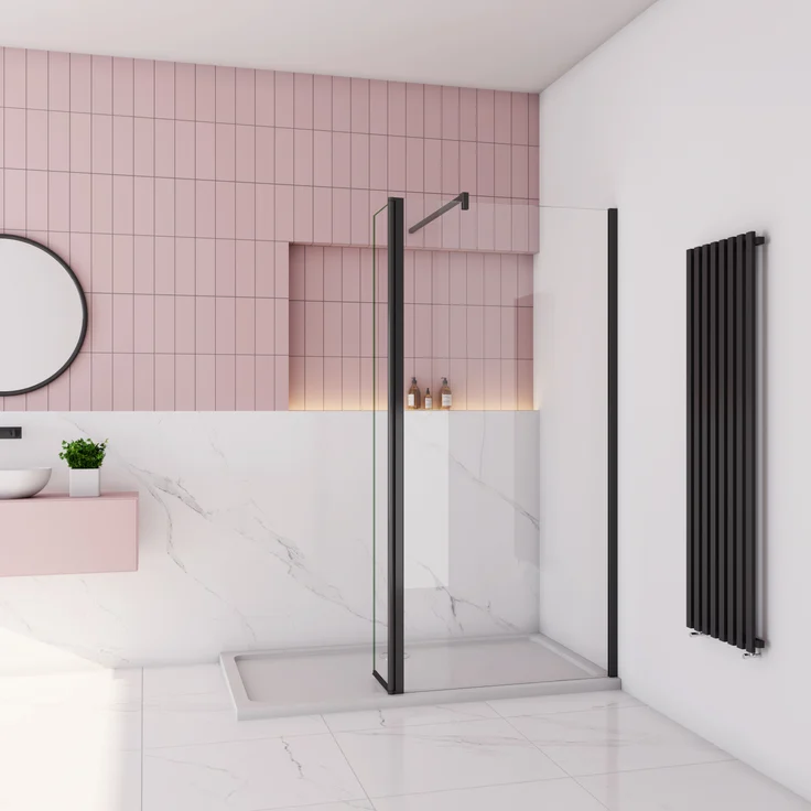 AICA Walk in Duschkabine Schwarz, 60x200cm Duschwand mit 40x200cm Flipper Panel + 90cm Stabilisator aus 10mm Nano-ESG Glas