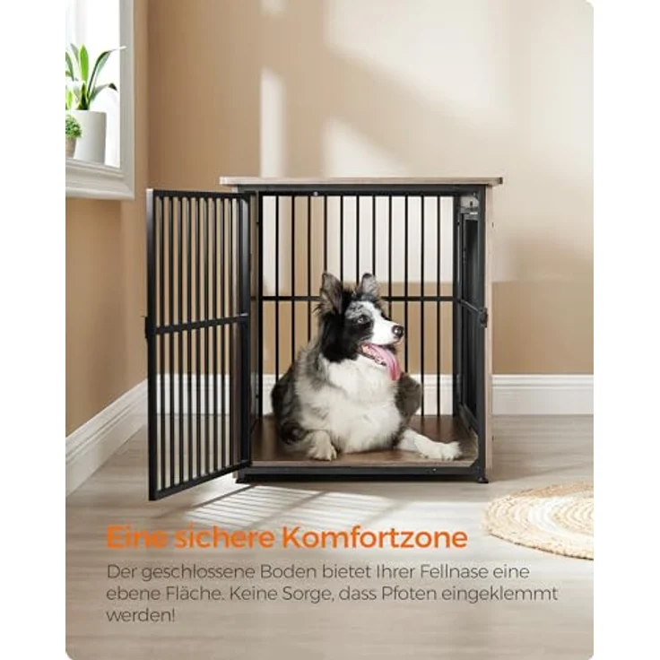 Feandrea Hundekäfig Möbel, Beistelltisch, Hundebox, Moderne Hundehütte Indoor für Hunde bis zu 32 kg, hochbelastbar, geschlossener Boden, Hundehaus 2 Türen, Greige meliert – Bild 5