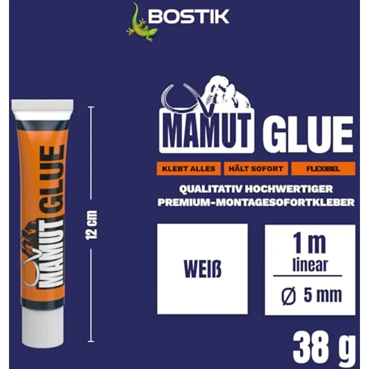 BOSTIK MAMUT GLUE Weiß, Hybrid-Universalkleber mit hoher Anfangshaftung für alle Materialien, für Innen- und Außenanwendungen sowie unter Wasser, 38g Tube – Bild 2