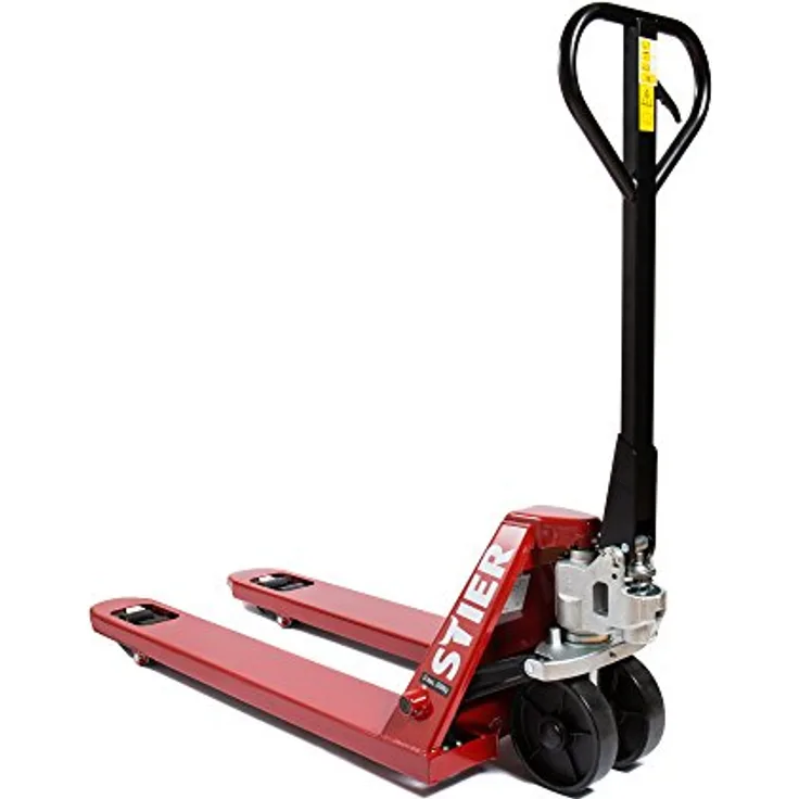 STIER Hubwagen, Gabelhubwagen mit 2500 kg Tragkraft, Gabellänge 1150 mm, nylonrollen, rot, wartungsfreie Handhydraulik, Lenkeinschlag 210°