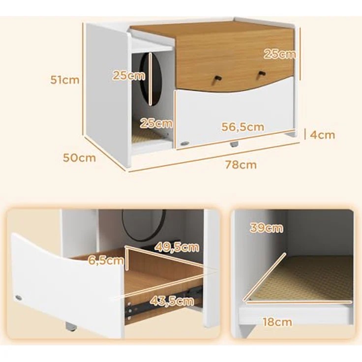 PawHut Katzenschrank für Katzentoilette, Katzenklo Schrank mit ausziehbarem Schrank, Streuauffangmatte, Katzenhaus für Indoor, Eiche – Bild 5