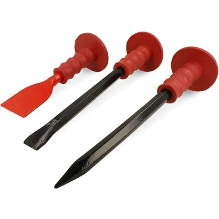 BOOMET Handmeißel Set · 300mm spitz · Extra robust mit rotem Handschutz · Stein Fliesen Flachmeißel