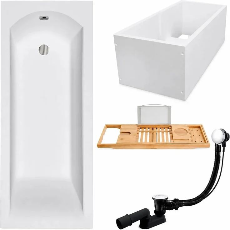 KOLMAN Badewanne Rechteck SHEA 140 x 70 cm mit Wannenträger, Bambus Badewannenablage, inkl. Ablauf und Füße, schneeweiß