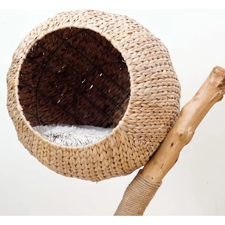 Fudajo Kratzbaum Zweigdesign mit Katzenkorb 83 cm hoch, Designer Katzenkratzbaum mit Liegekorb in Flecht-Optik, Katzenbaum aus Holz mit Plüsch, Naturfarben – Bild 3
