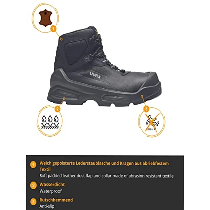 Uvex 3 Sicherheitsstiefel S3, robuster Schnürstiefel mit Wasserabweisendem Leder, Schuhgröße 42, Schwarz – Bild 6