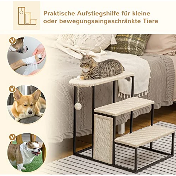 PawHut Haustiertreppe 3-stufige Katzentreppe Hundetreppe mit Kratzbrett und Spielball Einstieghilfe Praktische & Leichte Tiertreppe Stahl Sisal Cremeweiß+Schwarz 51 x 54 x 53cm – Bild 5
