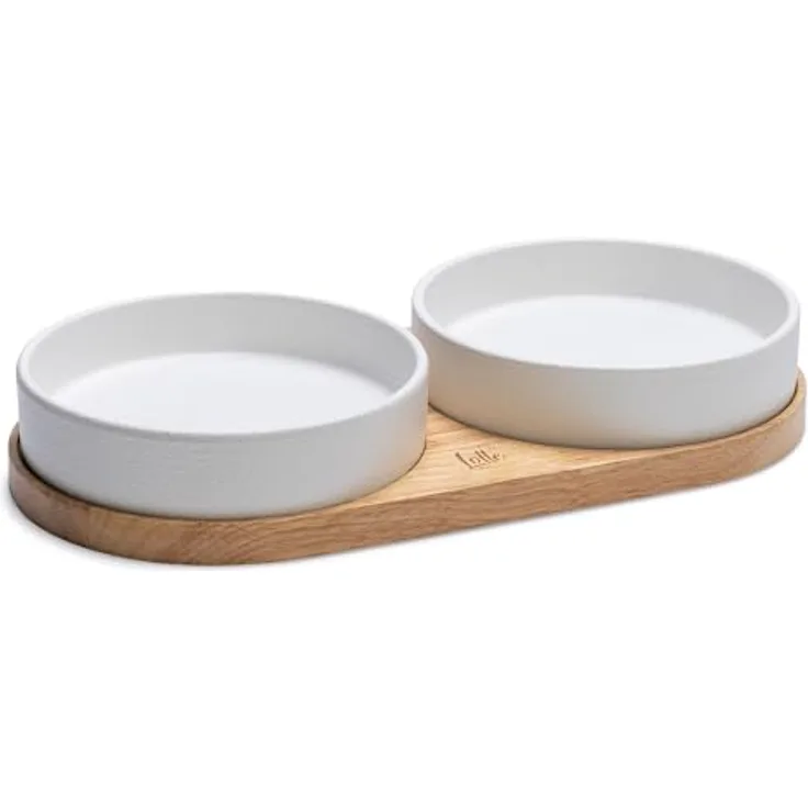 Designed By Lotte Napf-Set Hunde Dinnerset Lojs aus Keramik weiß, elegantes Holzrahmen-Design, spülmaschinenfest