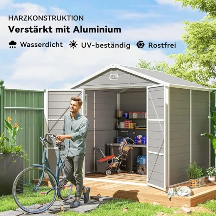Outsunny Gerätehaus 4,1m², Geräteschuppen mit Satteldach, hellgrau, abschließbare Tür und Belüftungsöffnungen, 240 x 190 x 228 cm – Bild 3