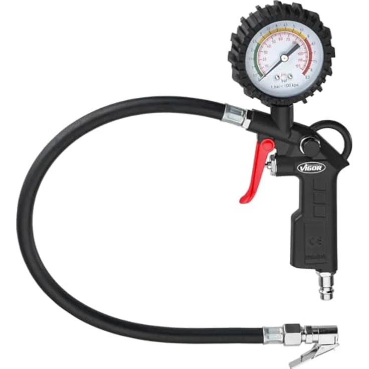 Vigor Reifenfüller (0 bis 8,5 bar, extra Langer Schlauch: 500 mm, Gewicht: 0,49 kg) V6905, Schwarz-Rot – Bild 2