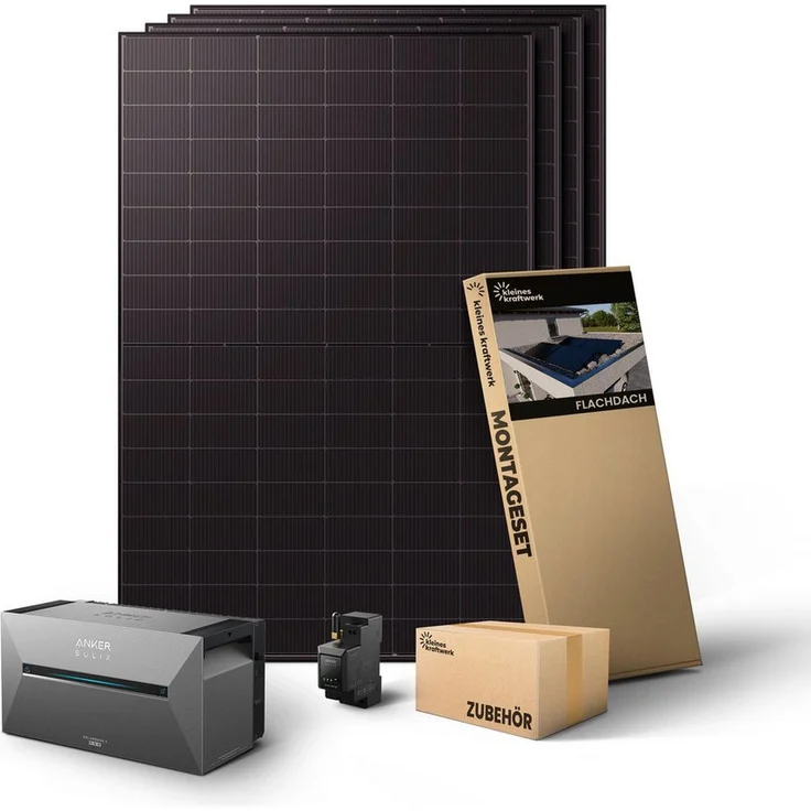Kleines Kraftwerk Quattro XL 2000Wp Balkonkraftwerk, Komplettset mit 4 hocheffizienten TopCon Modulen, integrierter Anker Solarbank 3 Pro und 2.688 Wh Speicher