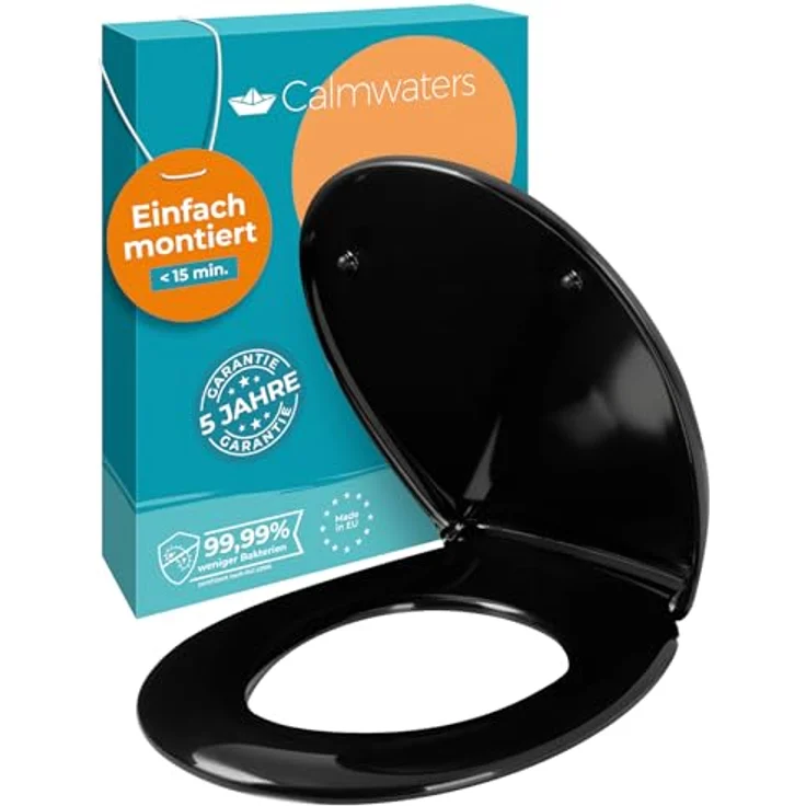 Calmwaters WC Sitz Premium Schwarz, Duroplast mit Absenkautomatik, antibakteriell, bis 250 kg belastbar, abnehmbar, 26LP6149 – Bild 1