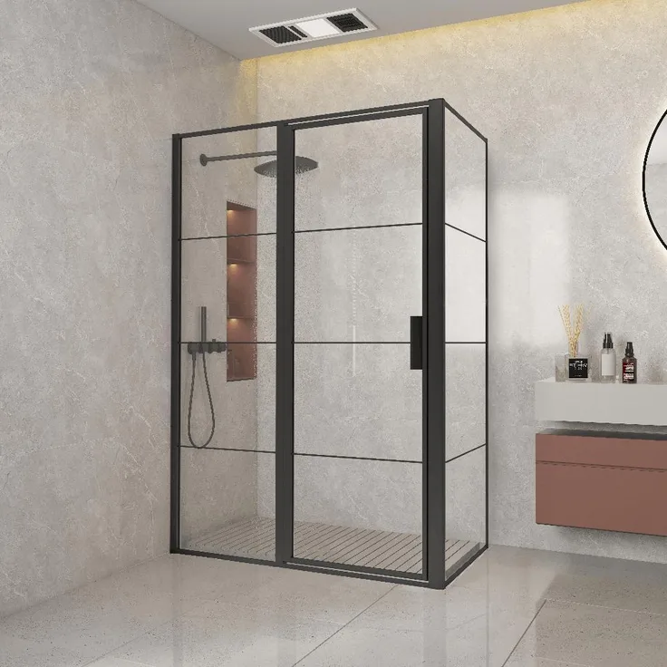 STANO Duschabtrennung BREDA CUADRA, Schwenktür mit festem Seitenteil, Schwarz Matt, Glas 8 mm, Höhe 200 cm, Anti-Scale-Behandlung