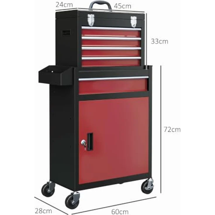 HOMCOM Werkstattwagen abschließbar, mit Rollen, Pulverbeschichtung, 130 kg Traglast, Schwarz/Rot, inkl. 1-tlg. Werkzeugset – Bild 3