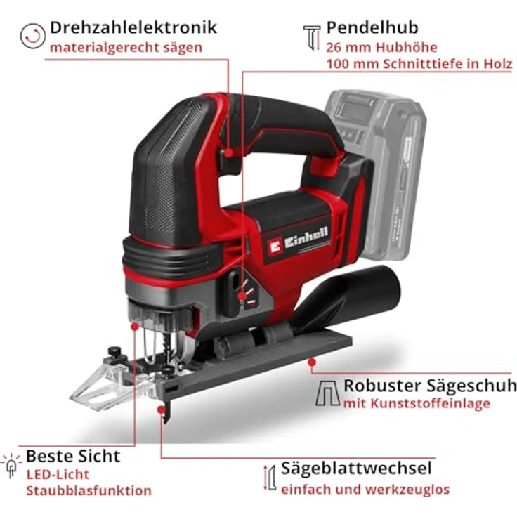 Einhell Akku-Stichsäge TE-JS 18/100 Li-Solo Power X-Change, 18 V, 100 mm Schnitttiefe, 26 mm Hubhöhe, max. 45° Schrägschnitte, inkl. Sägeblatt, ohne Akku – Bild 3