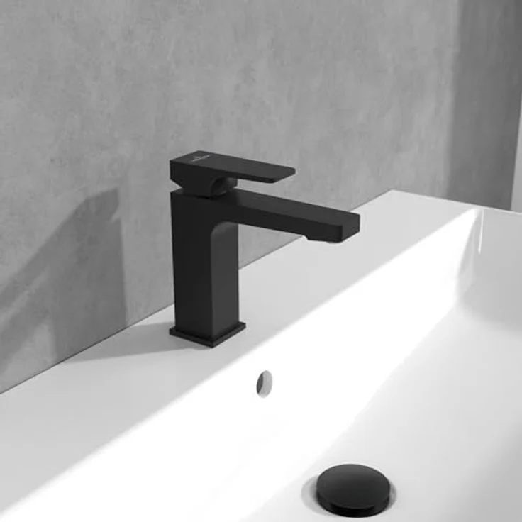Villeroy & Boch Architectura Square Waschtischarmatur, Wasserhahn Bad mit Zugstange und Keramikkartusche, Waschbeckenarmatur wassersparend, Auslauf Höhe 113mm, eckig, Matt Black – Bild 2