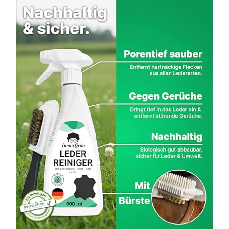 Emma Grün Lederreiniger Set, 500 ml für Wild-, Rau- & Nubukleder mit Wildlederbürste zur effektiven Fleckenentfernung und Geruchsbeseitigung – Bild 3