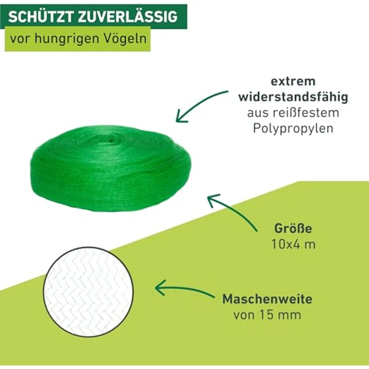 Windhager Vogelschutz-Netz RATIONAL, Grün, 10 x 4 m, Maschenweite 15 mm, UV-stabilisiert für zuverlässigen Schutz vor Vogelfraß – Bild 3