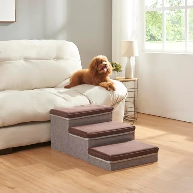 [en.casa] Hundetreppe Vojens Hunderampe für kleine Hunde 3-stufig Haustierleiter für Bett und Sofa Klappbar Katzentreppe aus Schaumstoff 30cm hoch Aufstiegshilfe 75x40x30cm