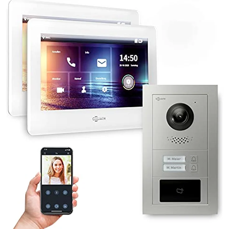 Goliath Intercom 2-Draht BUS Video-Türsprechanlage mit RFID, 2 Monitore, 180° Weitwinkelkamera, Silber, für 2-Familienhaus – Bild 1