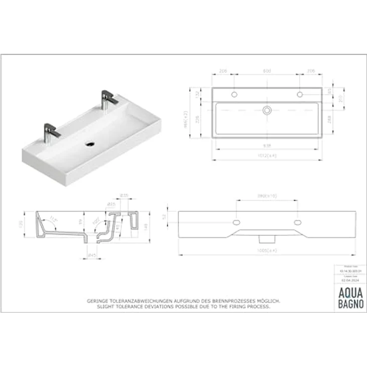 Aqua Bagno Loft Air 100 Doppelwaschbecken 100cm weiß eckig Wandmontage Aufsatzwaschtisch – Bild 10