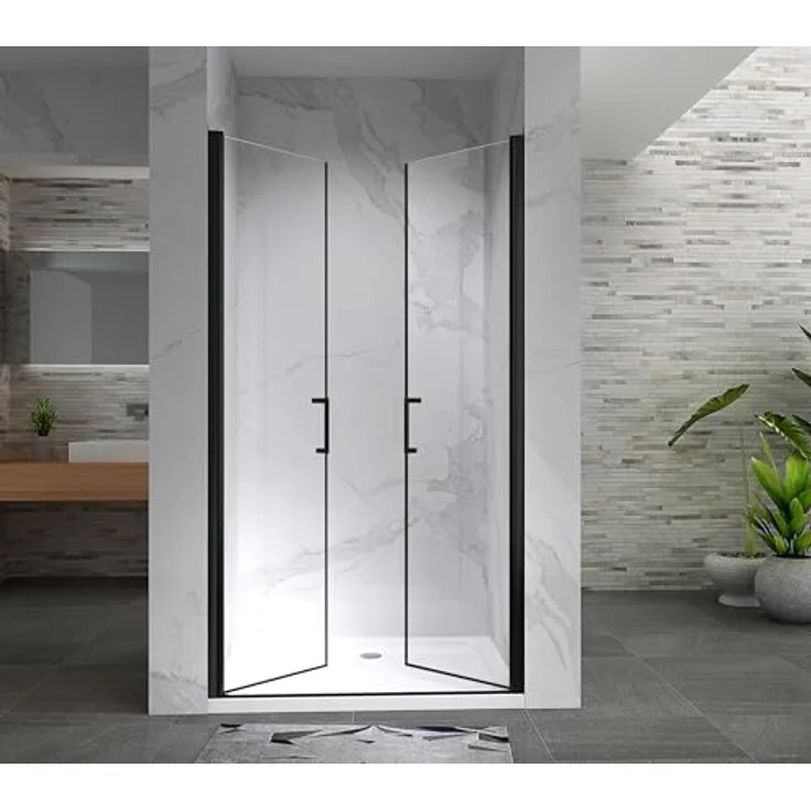 i-flair schwarze Duschtür 74-77 cm, 180 cm hoch, 6 mm Sicherheitsglas, Edelstahlgriffe, rahmenlos, magnetdichtend – Bild 9