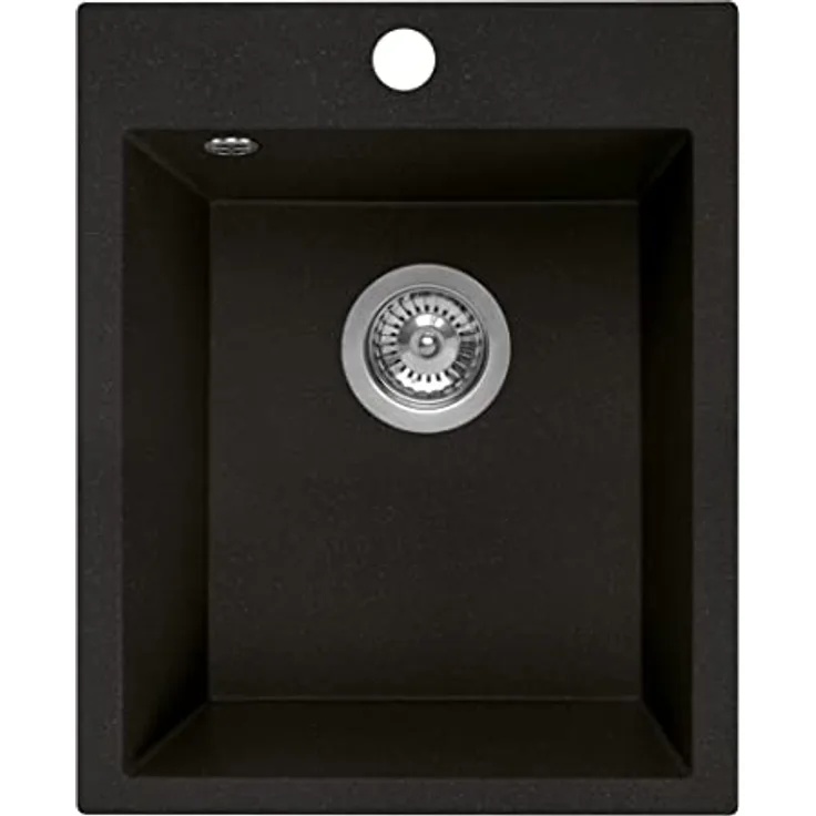 Manestein Spülbecken, Küchenspüle aus Granit, Einbauspüle, Einzelbecken mit Siphon, Fleckenbeständig und Pflegeleicht, 80% Quarzsand, 1 Becken, 48 x 39 cm, Graphit - Schwarz Gesprenkelt