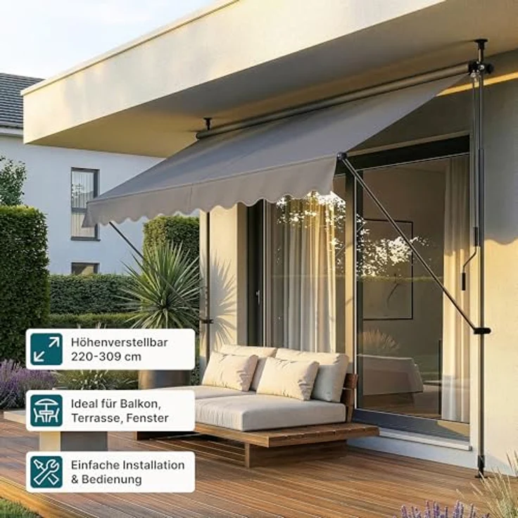 Pro.tec - Klemmmarkise 300x120x200-300cm ohne Bohren Mittelgrau – Bild 4