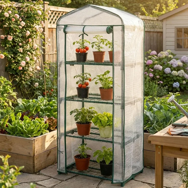Ideoon GARDEN Folien-Gewächshaus 49x69x160 cm, stabiles Pflanzenanzuchthaus mit 4 Ebenen, PE-Gitterfolie 120gsm, Rolltür und Stahlgestell für Balkon und Garten