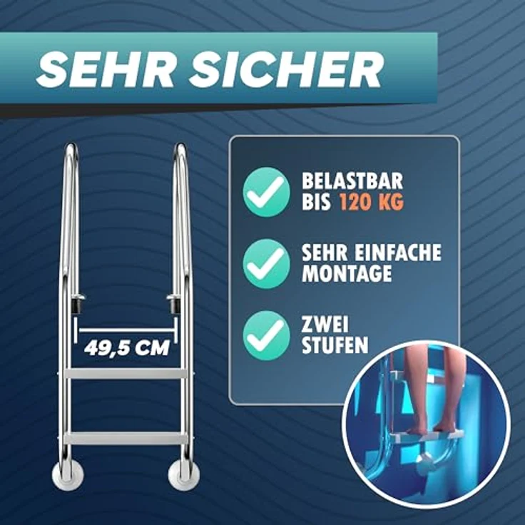 Poolomio Poolleiter Einhänge-Leiter aus Edelstahl, 2 stufig Standard-Modell, Tiefbeckenleiter – Bild 3
