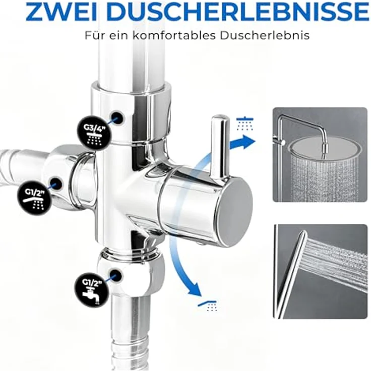 Görbach Regendusche Duschsystem, Edelstahl Duschstange verstellbar 92 cm, 20 cm Brausekopf Chrom – Bild 3
