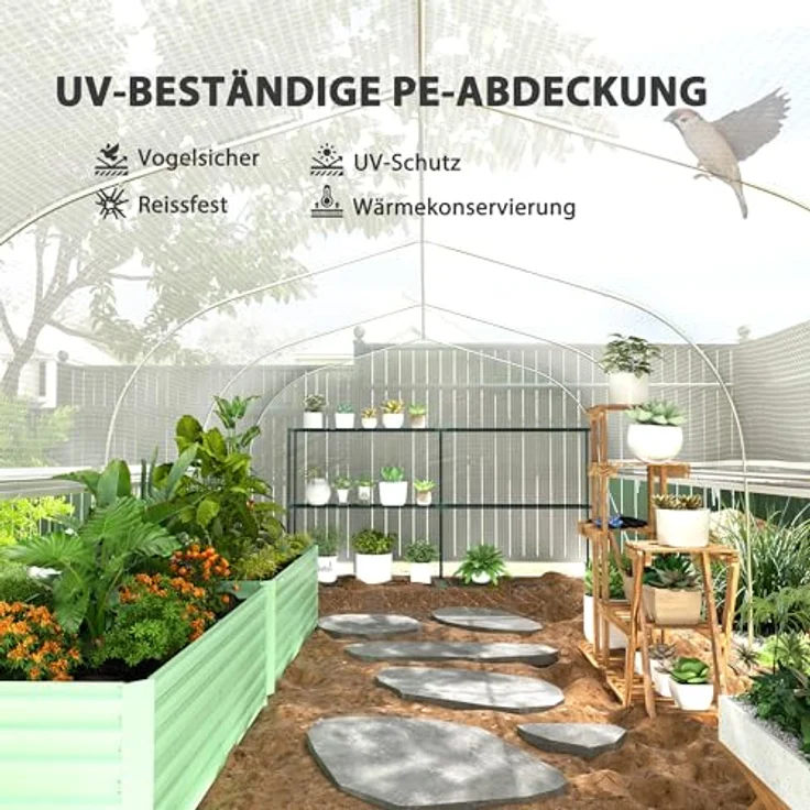 Outsunny Gewächshaus 6 x 3 x 2 m Foliengewächshaus mit 8 Fenster & Tür, Aufrollbar Seitenwänden, UV-beständiger Folientunnel Tomatenhaus mit verzinkten Stahlrahmen, Weiß – Bild 4