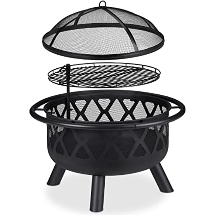 relaxdays Feuerschale mit Grillrost & Funkenschutz, XXL Feuerstelle in Schwarz, ideal für Terrasse und Garten – Bild 6